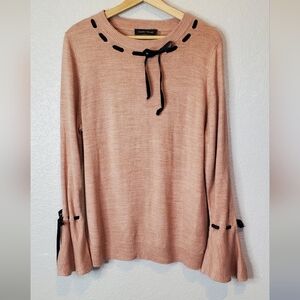 💚5/$25 Ivanka Trunp Pink Knit Flute Bell Sleeve Sweater Black Ribbon Size XL